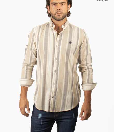 CAMISA LINEAS BEIGE Y GRIS