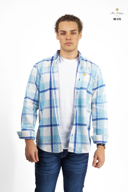 CAMISA FRANELA CUADROS AZUL CIELO / BLANCO