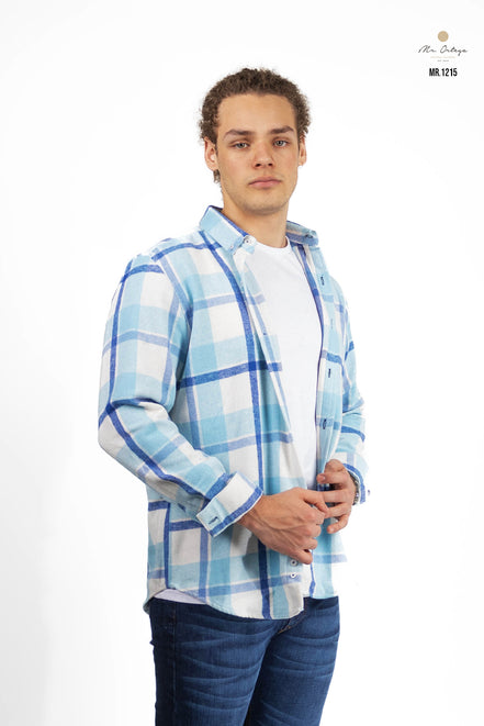 CAMISA FRANELA CUADROS AZUL CIELO / BLANCO