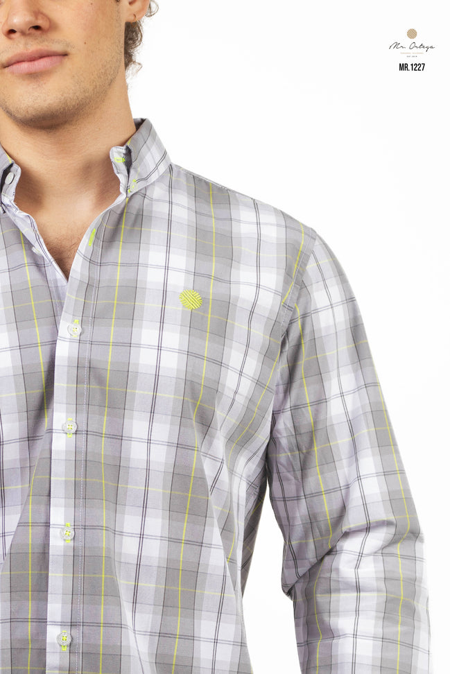 CAMISA CUADROS GRIS, BLANCO Y AMARILLO