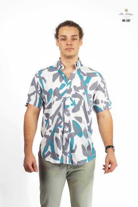 CAMISA BLANCA ESTAMPADO TURQUESA / GRIS