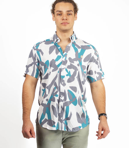 CAMISA BLANCA ESTAMPADO TURQUESA / GRIS