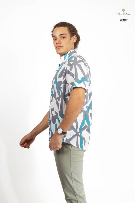 CAMISA BLANCA ESTAMPADO TURQUESA / GRIS