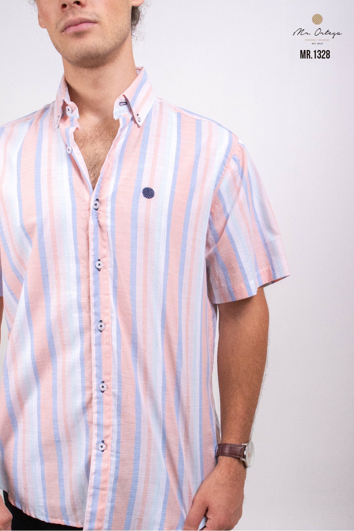 CAMISA RAYAS VERTICALES CORAL Y AZUL PASTEL MANGA CORTA