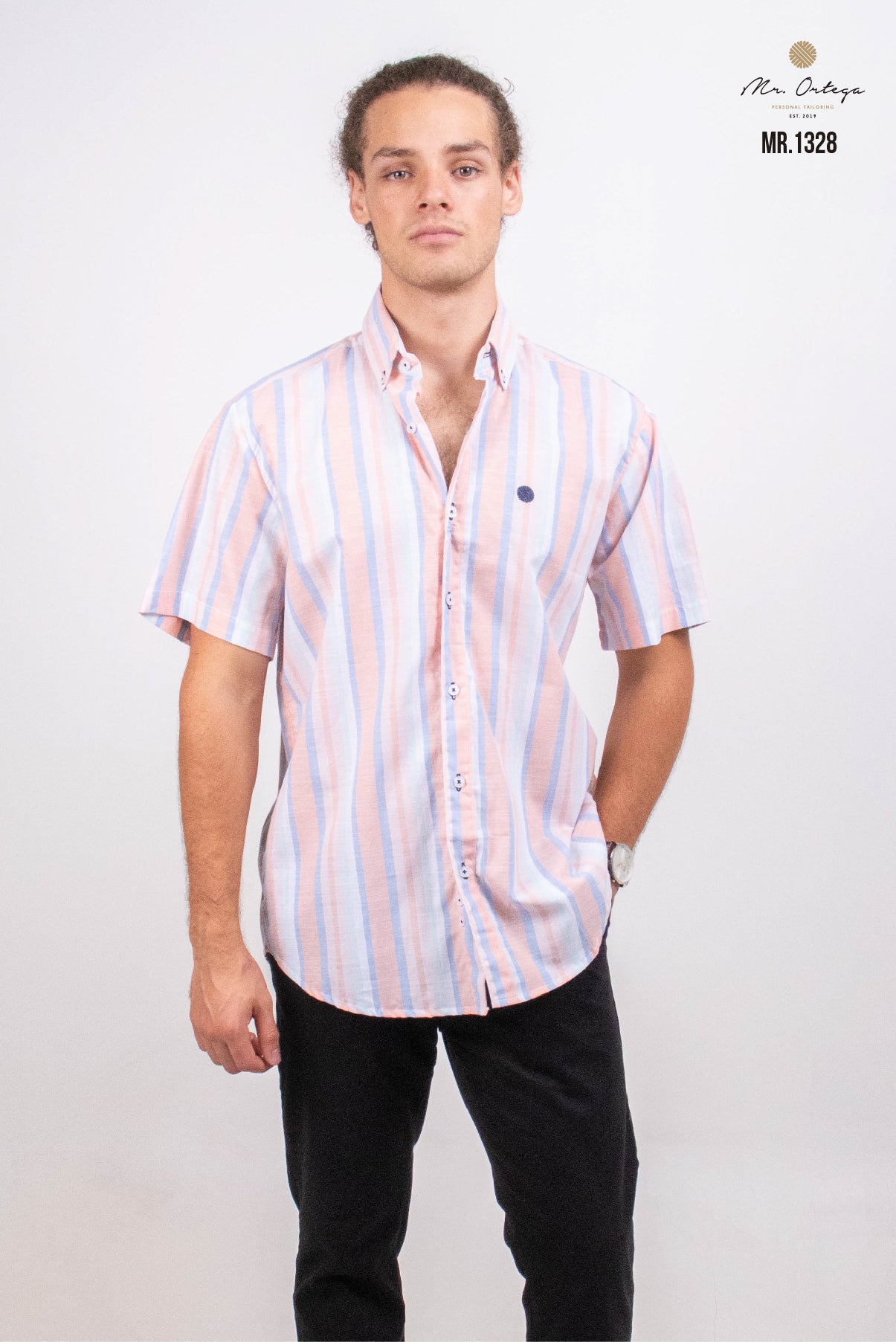 CAMISA RAYAS VERTICALES CORAL Y AZUL PASTEL MANGA CORTA