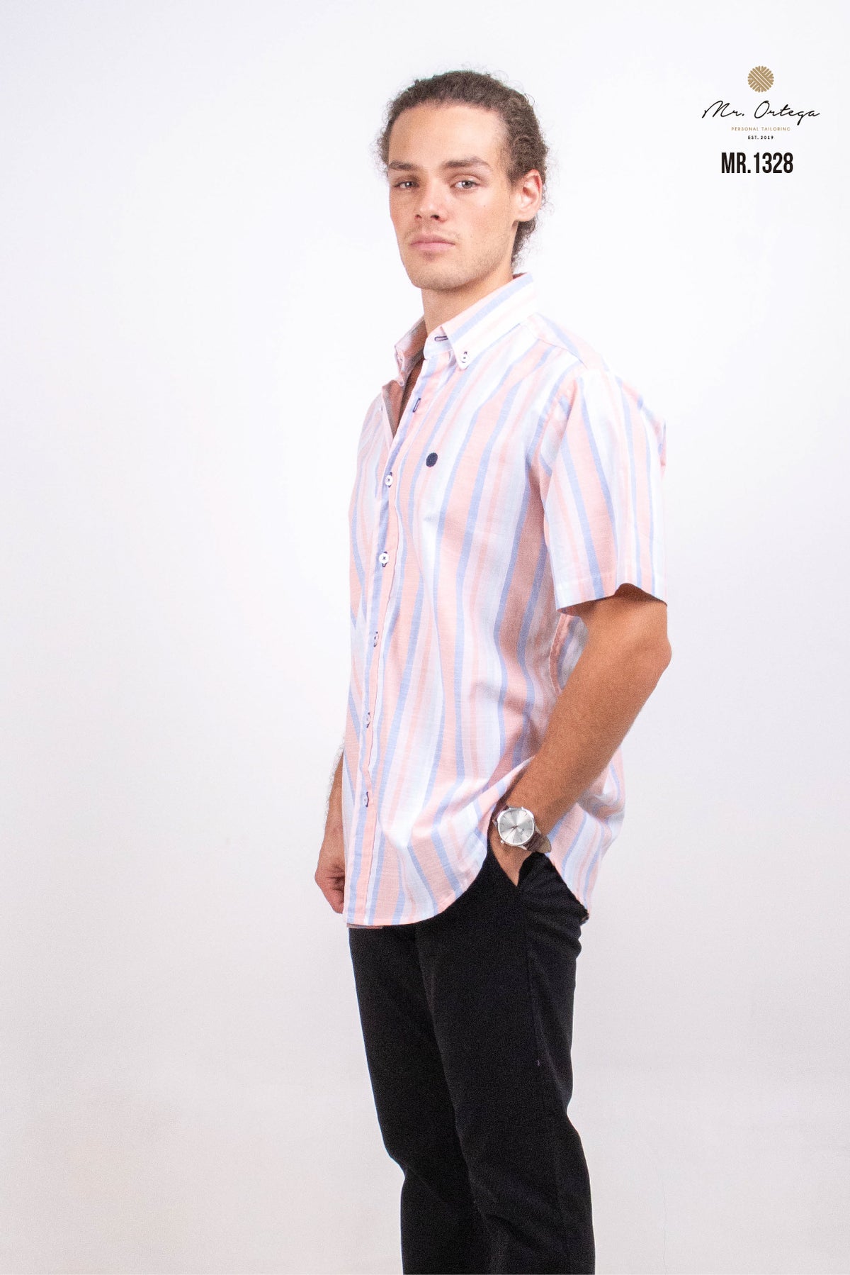 CAMISA RAYAS VERTICALES CORAL Y AZUL PASTEL MANGA CORTA