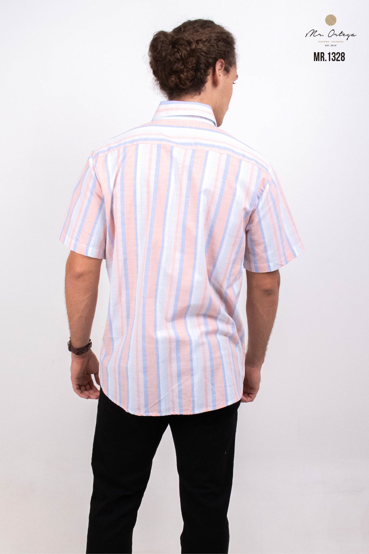 CAMISA RAYAS VERTICALES CORAL Y AZUL PASTEL MANGA CORTA