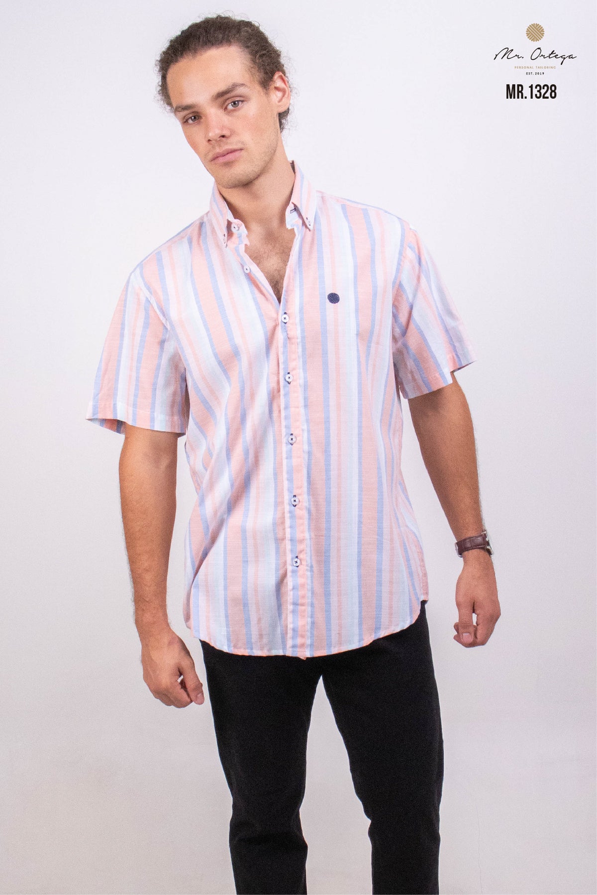 CAMISA RAYAS VERTICALES CORAL Y AZUL PASTEL MANGA CORTA