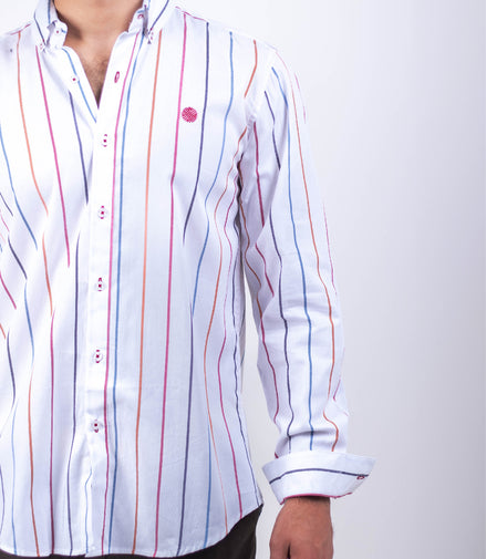 CAMISA BLANCA RAYAS NARANJA, AZUL, ROJO Y NEGRO