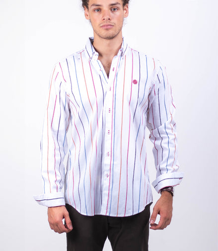 CAMISA BLANCA RAYAS NARANJA, AZUL, ROJO Y NEGRO