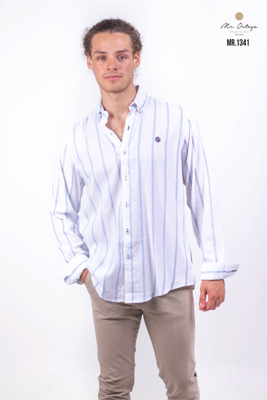 CAMISA RAYAS BLANCA, RAYAS AZUL CIELO MANGA CORTA