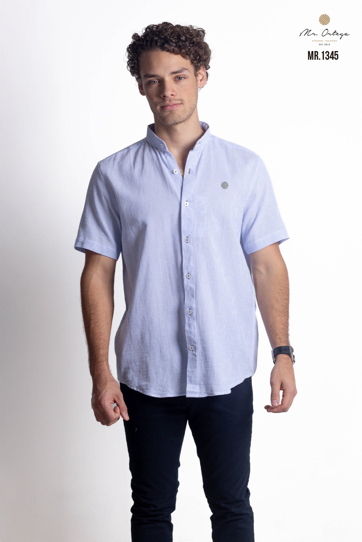 CAMISA LISA AZUL Y BLANCO BORDADO DE TELA MANGA CORTA
