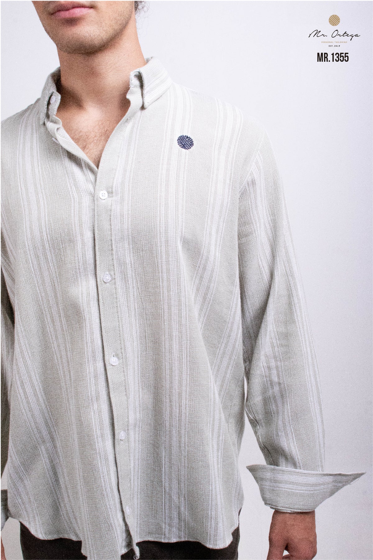 CAMISA RAYAS VERDE OLIVO CLARO DE TELA MANGA LARGA