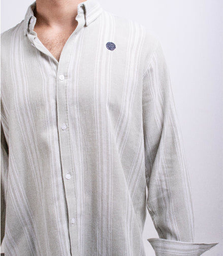 CAMISA RAYAS VERDE OLIVO CLARO TELA TEJIDA