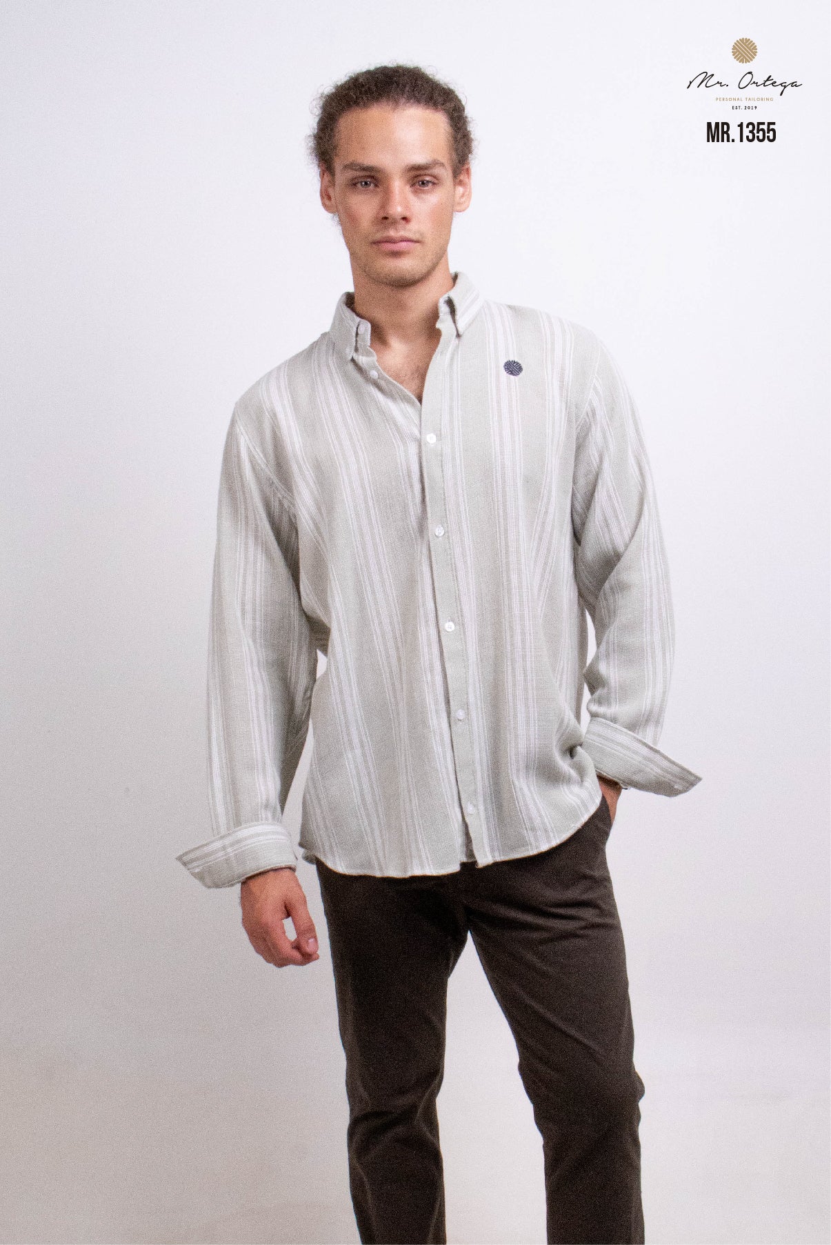 CAMISA RAYAS VERDE OLIVO CLARO DE TELA MANGA LARGA