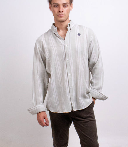 CAMISA RAYAS VERDE OLIVO CLARO TELA TEJIDA