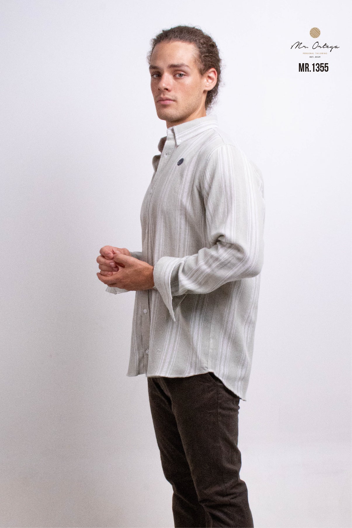 CAMISA RAYAS VERDE OLIVO CLARO DE TELA MANGA LARGA