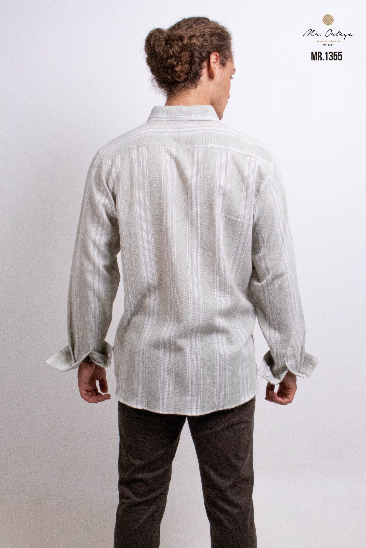 CAMISA RAYAS VERDE OLIVO CLARO DE TELA MANGA LARGA