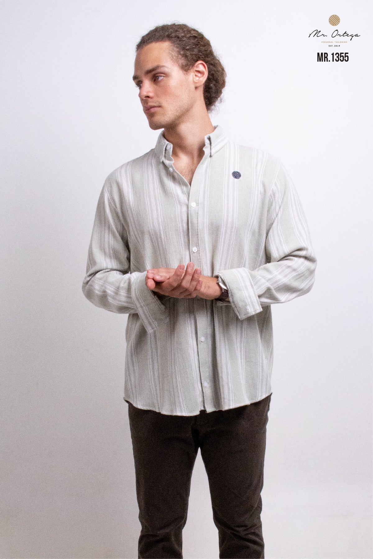 CAMISA RAYAS VERDE OLIVO CLARO DE TELA MANGA LARGA
