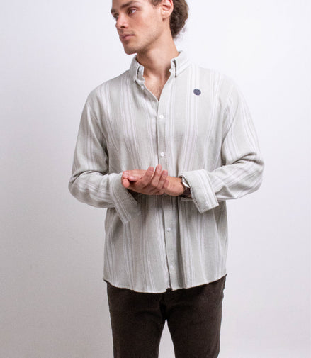 CAMISA RAYAS VERDE OLIVO CLARO TELA TEJIDA