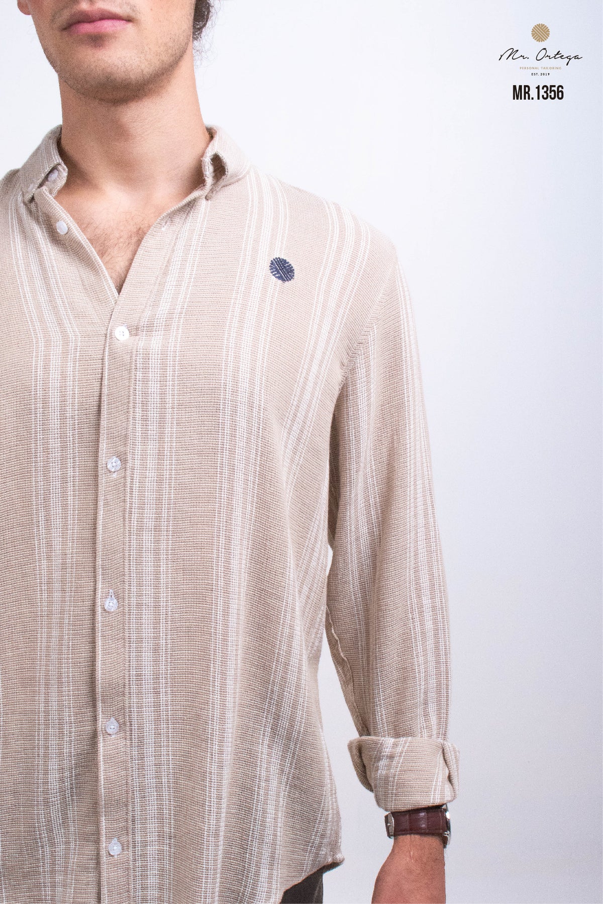 CAMISA RAYAS MARRON Y BLANCO BORDADO EN TELA MANGA LARGA