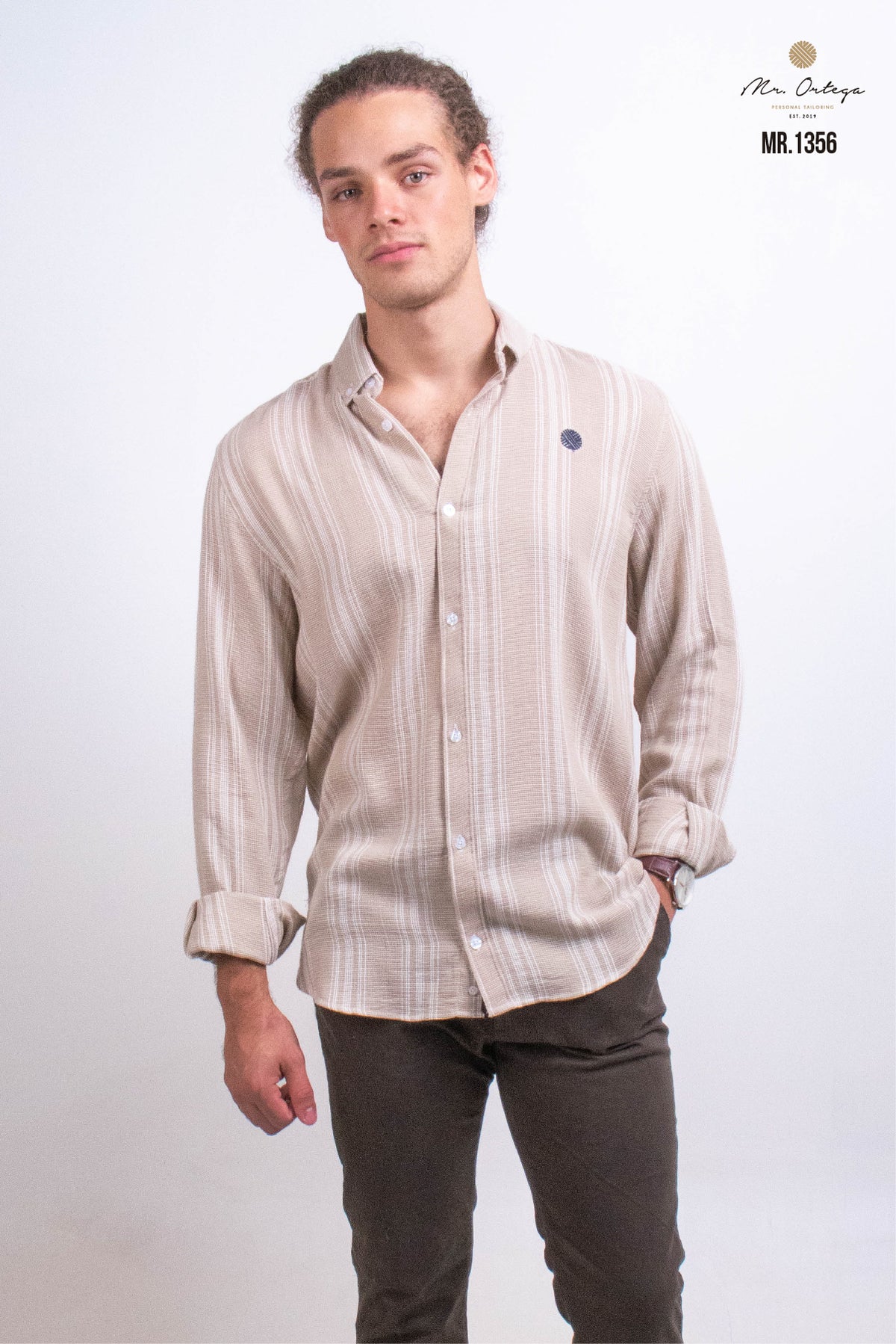 CAMISA RAYAS MARRON Y BLANCO BORDADO EN TELA MANGA LARGA