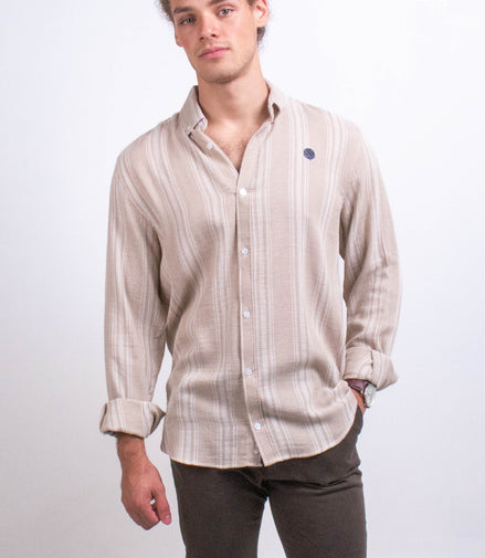 CAMISA RAYAS MARRÓN / BLANCO TELA TEJIDA