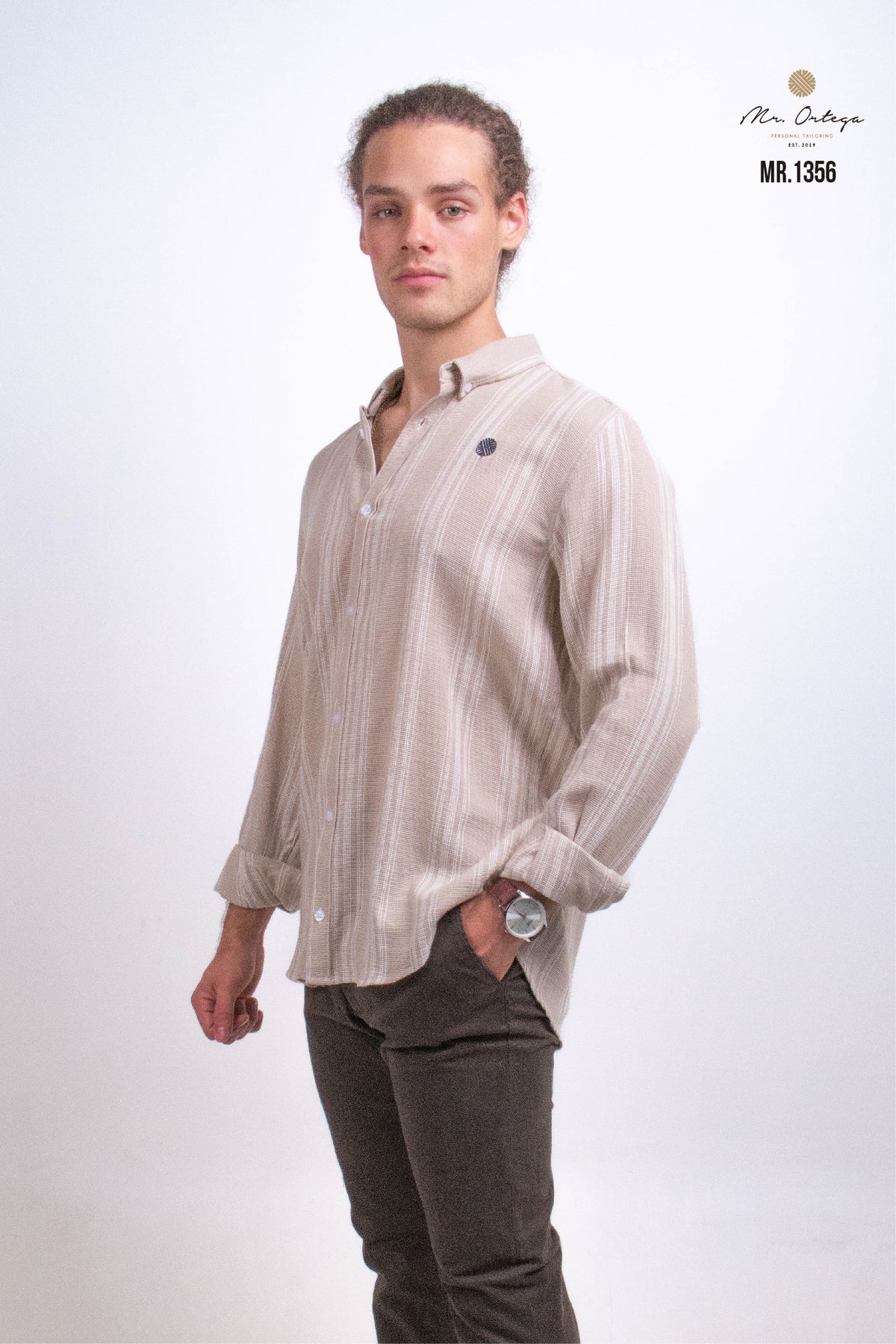 CAMISA RAYAS MARRON Y BLANCO BORDADO EN TELA MANGA LARGA
