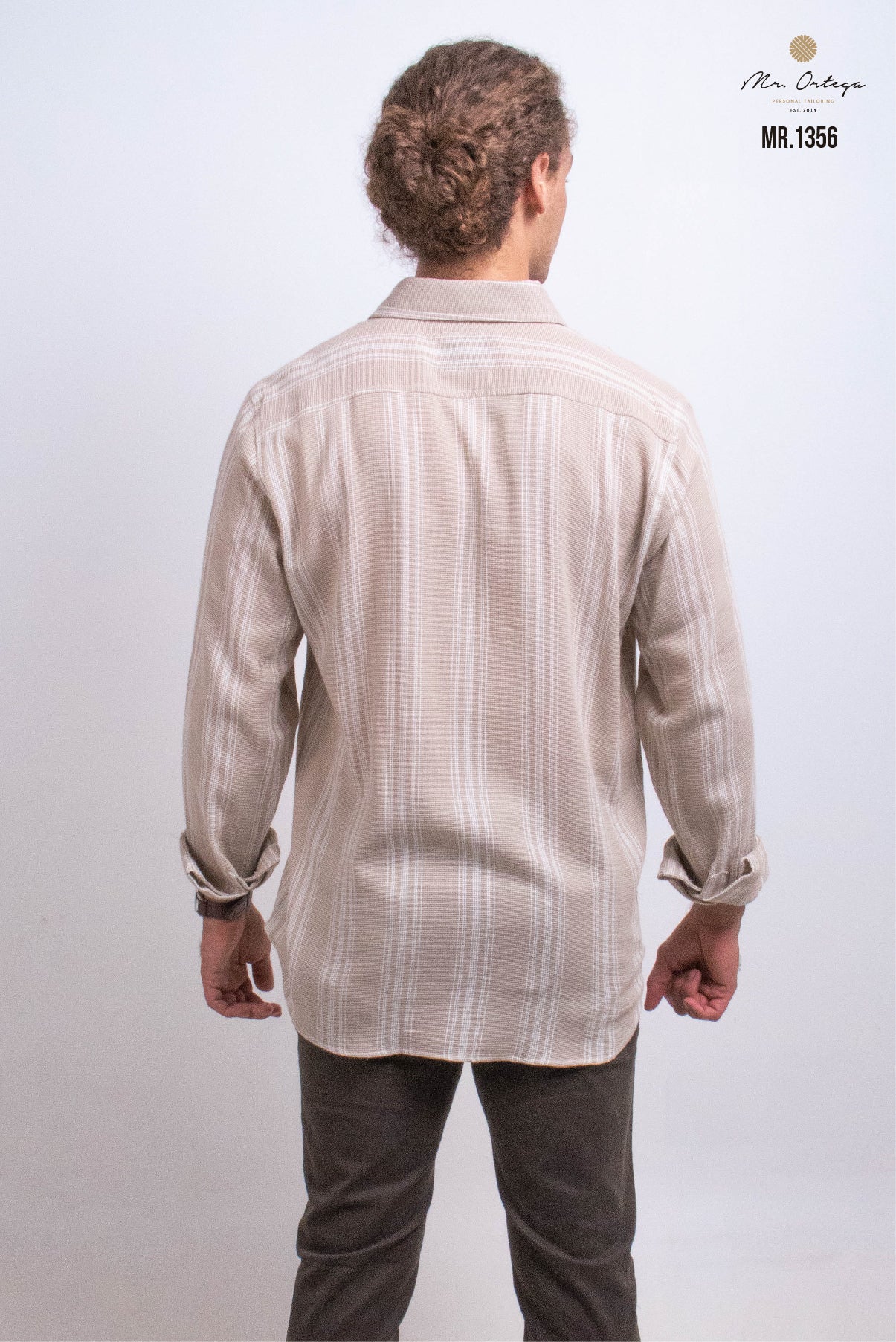 CAMISA RAYAS MARRON Y BLANCO BORDADO EN TELA MANGA LARGA