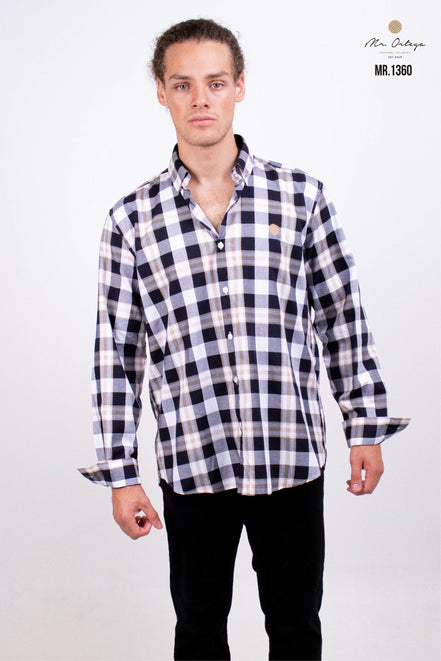 CAMISA CUADROS NEGRO, BLANCO Y BEIGE