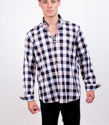 CAMISA CUADROS NEGRO, BLANCO Y BEIGE
