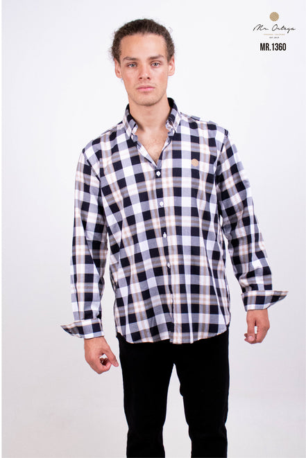 CAMISA CUADROS NEGRO, BLANCO Y BEIGE
