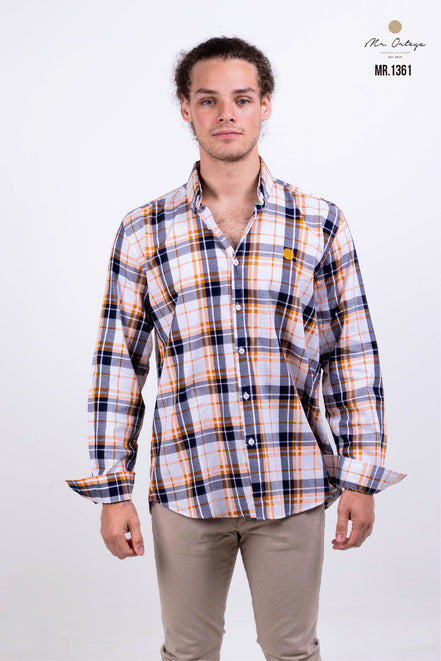 CAMISA CUADROS NARANJA, BLANCO, MARINO