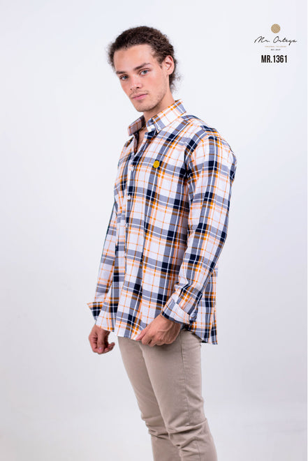 CAMISA CUADROS NARANJA, BLANCO, MARINO