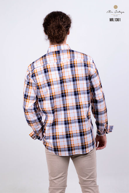 CAMISA CUADROS NARANJA, BLANCO, MARINO