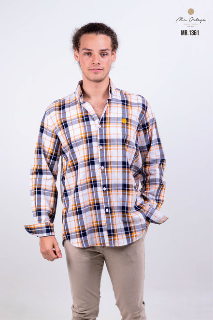 CAMISA CUADROS NARANJA, BLANCO, MARINO