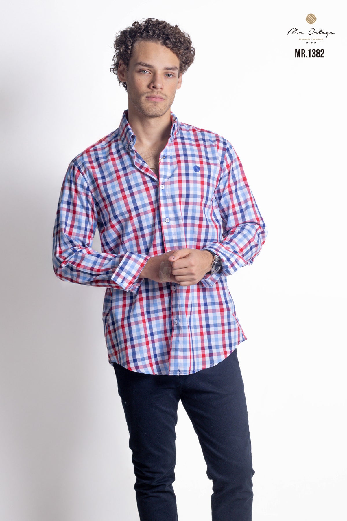 CAMISA CUADROS PEQUEÑOS ROJOS, AZUL CLARO Y BLANCO MANGA LARGA