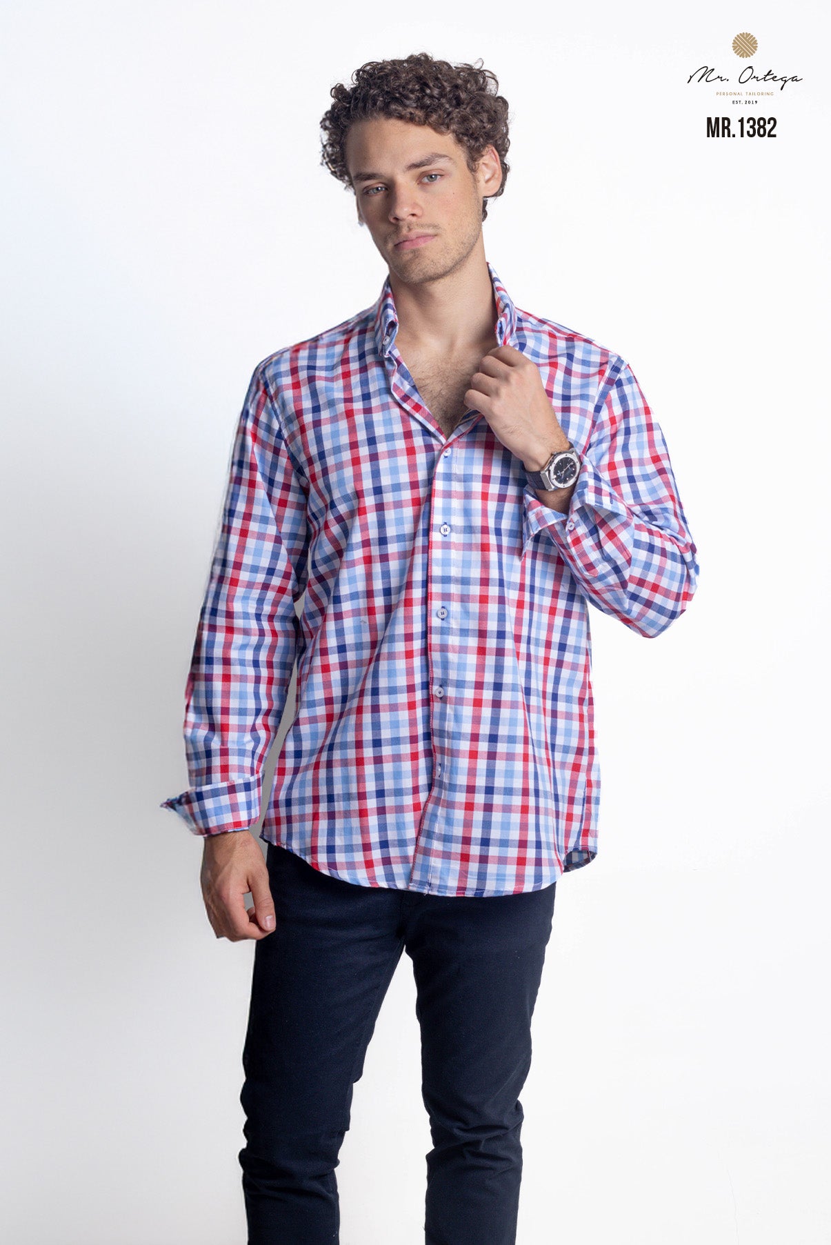 CAMISA CUADROS PEQUEÑOS ROJOS, AZUL CLARO Y BLANCO MANGA LARGA