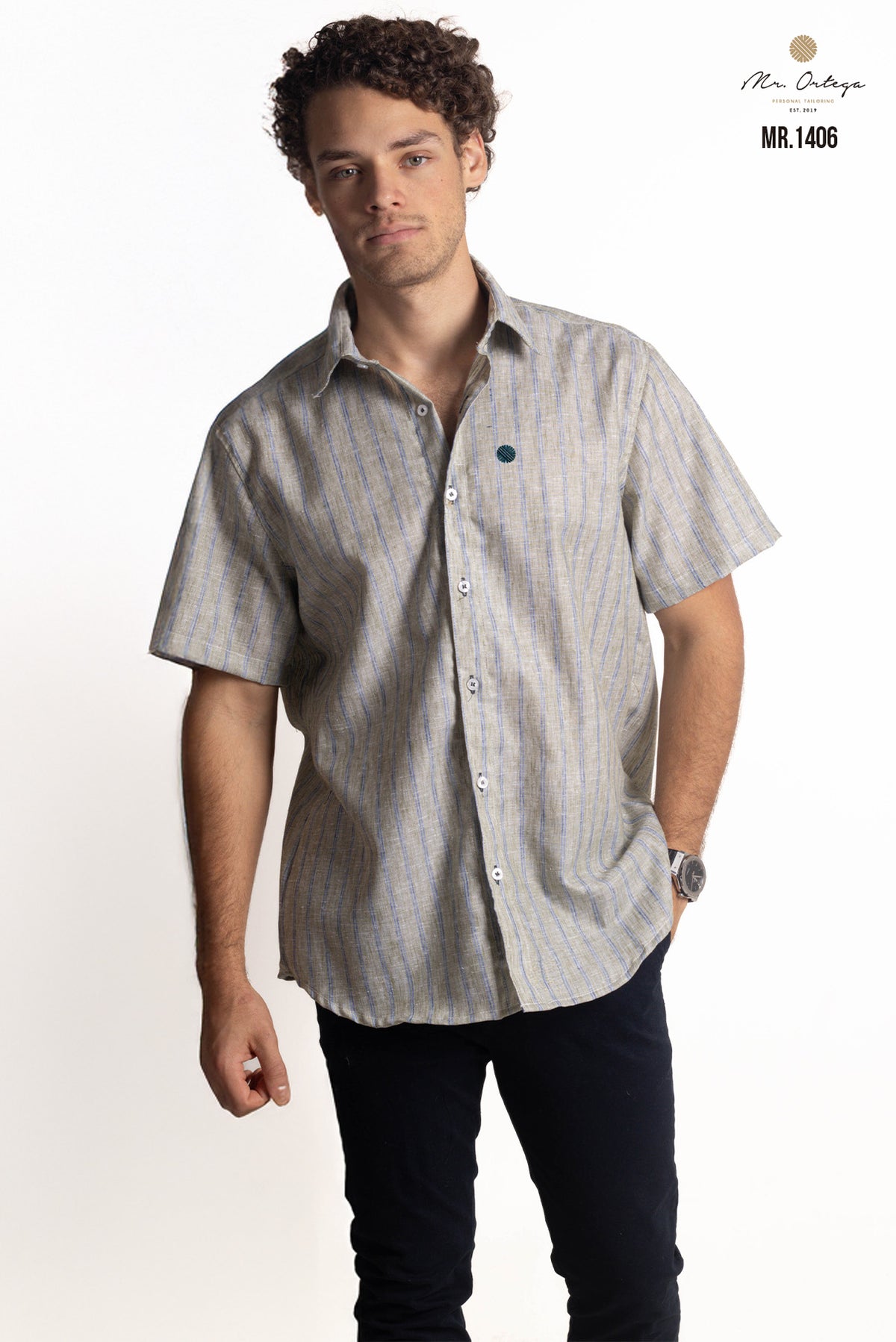CAMISA RAYAS VERDE PASTO Y AZUL MANGA CORTA