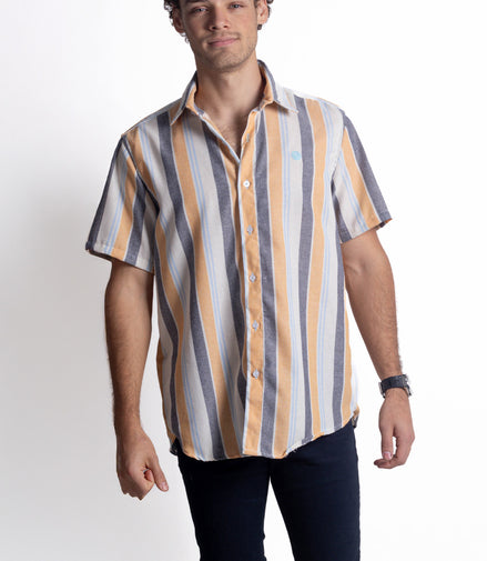 CAMISA RAYAS NEGRO, BEIGE, AZUL Y AMARILLO