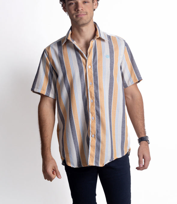 CAMISA RAYAS NEGRO, BEIGE, AZUL Y AMARILLO