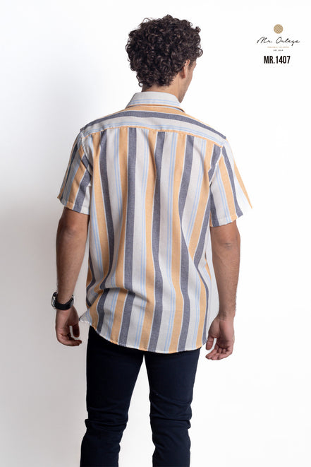 CAMISA RAYAS NEGRO, BEIGE, AZUL Y AMARILLO