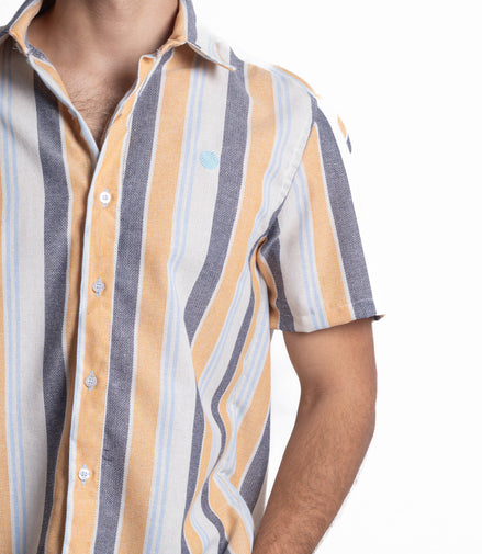 CAMISA RAYAS NEGRO, BEIGE, AZUL Y AMARILLO