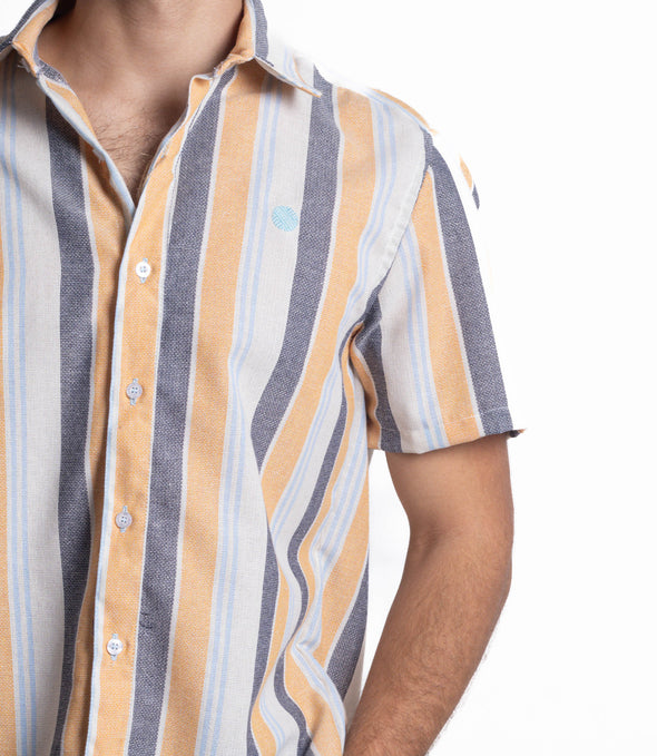 CAMISA RAYAS NEGRO, BEIGE, AZUL Y AMARILLO