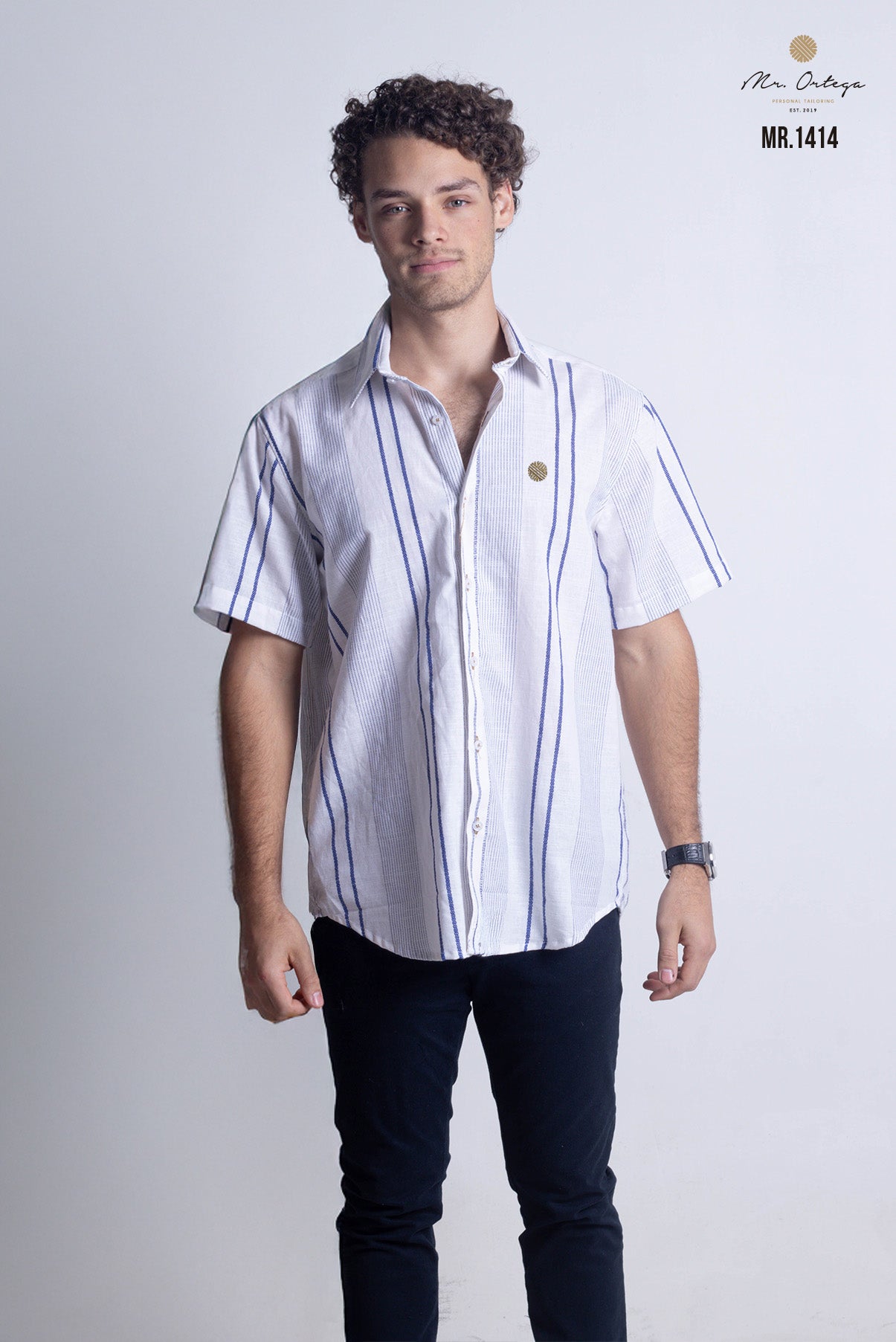 CAMISA RAYAS BLANCA, AZUL MARINO MANGA CORTA