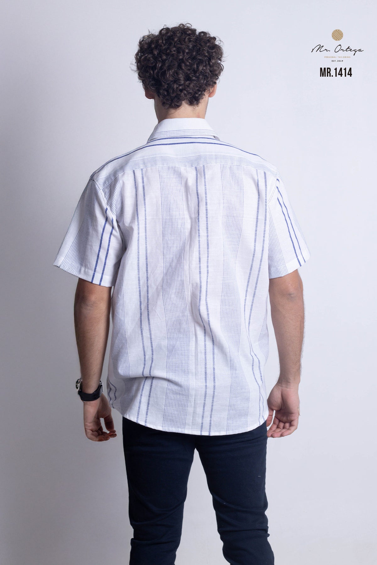 CAMISA RAYAS BLANCA, AZUL MARINO MANGA CORTA