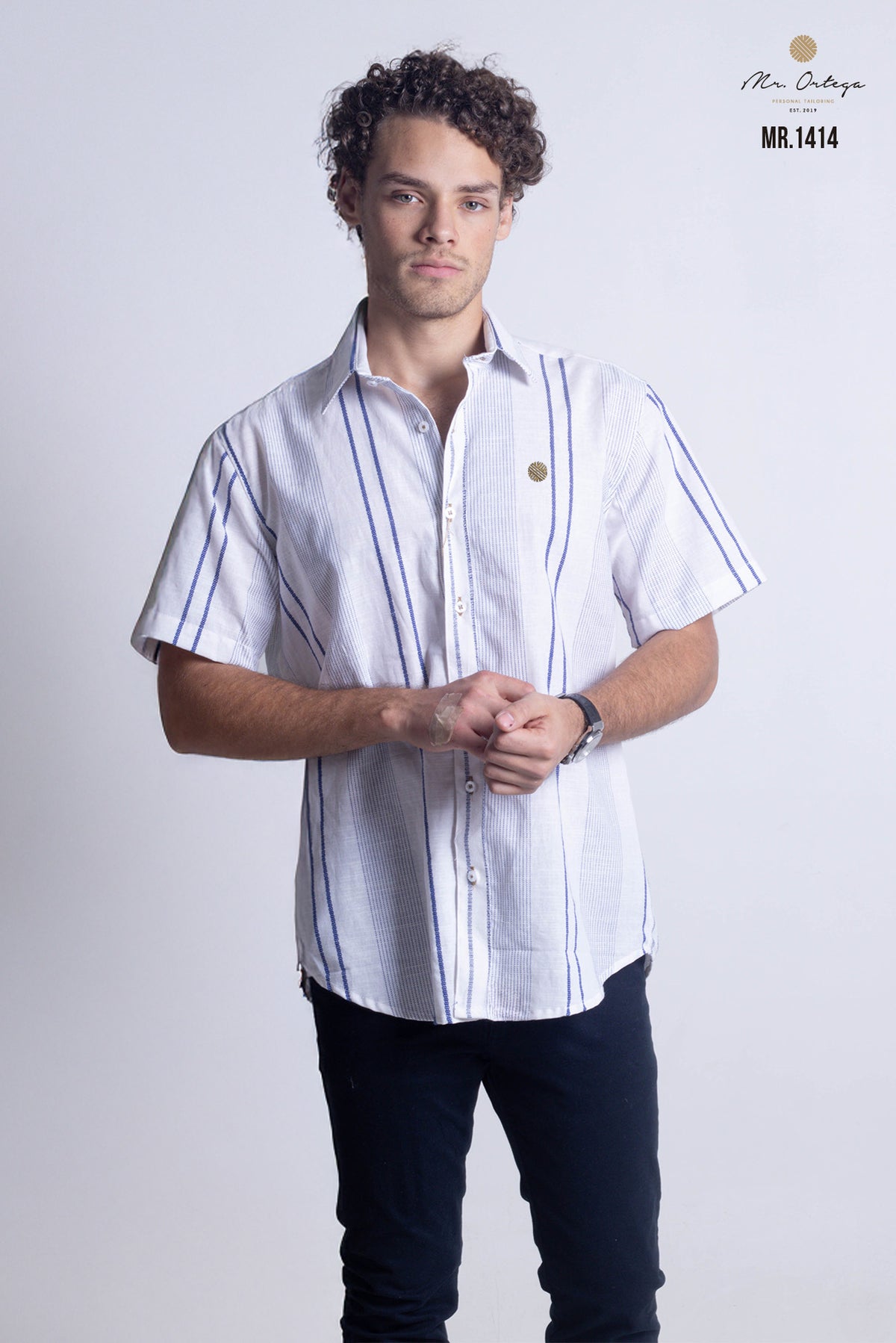 CAMISA RAYAS BLANCA, AZUL MARINO MANGA CORTA