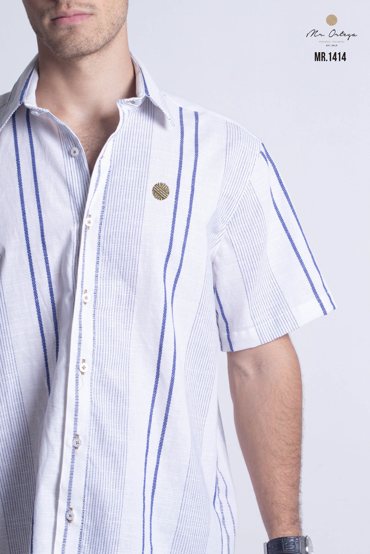 CAMISA RAYAS BLANCA, AZUL MARINO MANGA CORTA