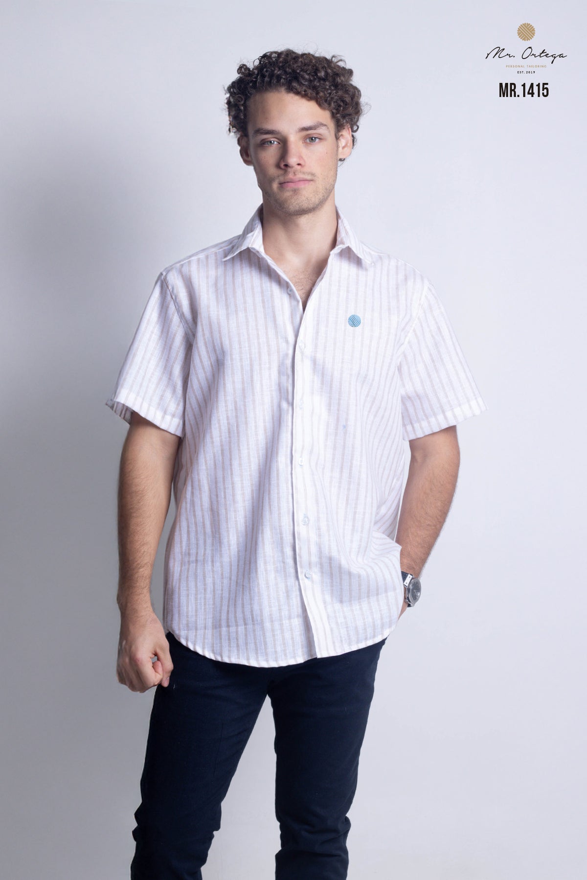 CAMISA RAYAS BEIGE Y BLANCO MANGA CORTA