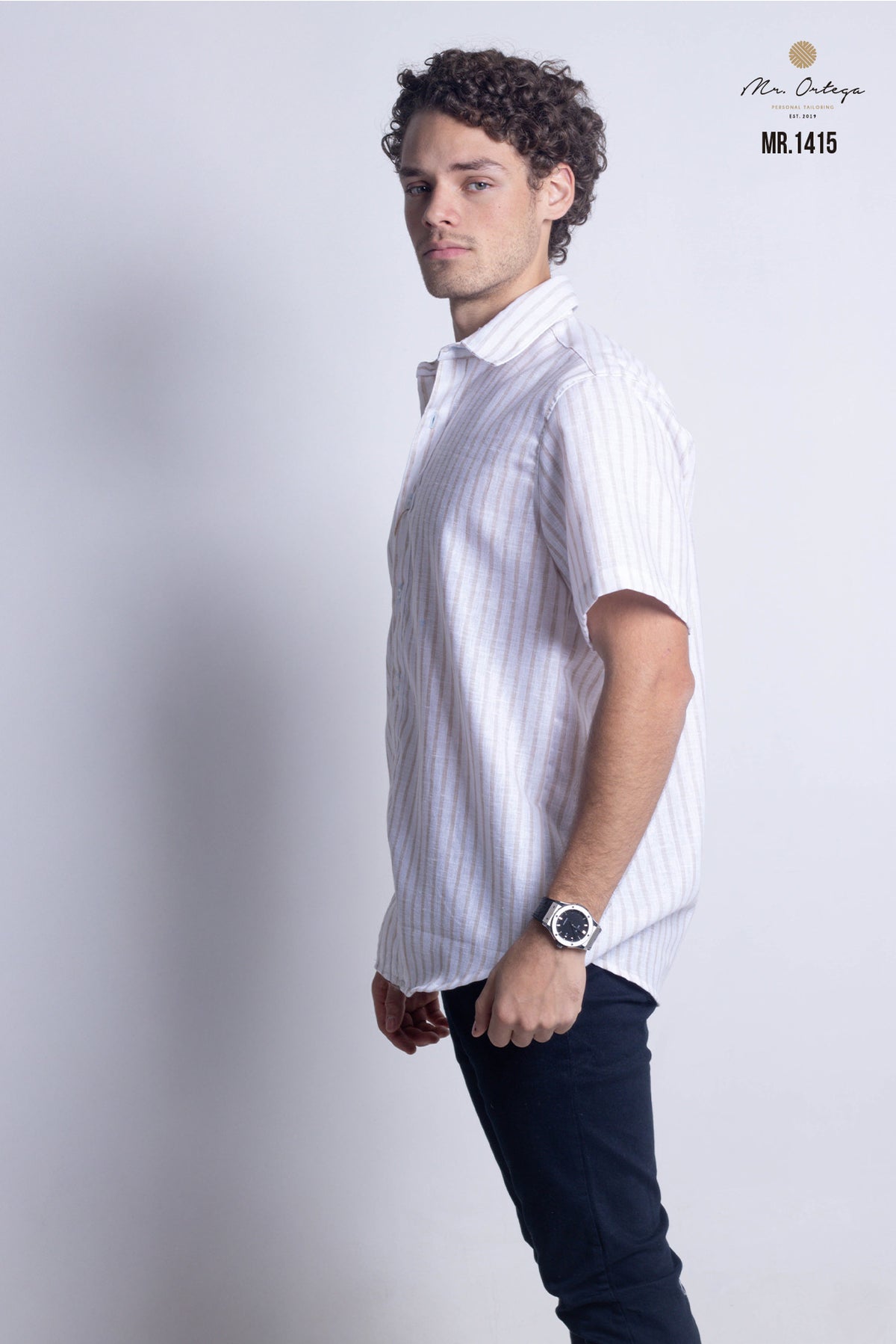 CAMISA RAYAS BEIGE Y BLANCO MANGA CORTA